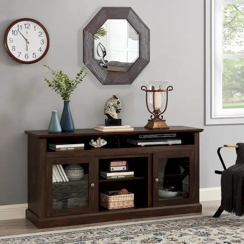 Mueble de TV Moderno Negro + Nogal Oscuro/Marrón con Puertas de Vidrio, Almacenamiento Abierto y Cerrado, para TVs de hasta 65"