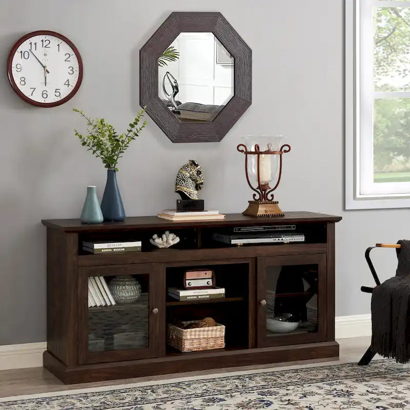 Modern TV Stand Media Stand Modern Entertainment Console for TV Up to 65  with Glass Door Open and Closed Storage Space