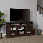 Mueble de TV Moderno Negro + Nogal Oscuro/Marrón con Puertas de Vidrio, Almacenamiento Abierto y Cerrado, para TVs de hasta 65"