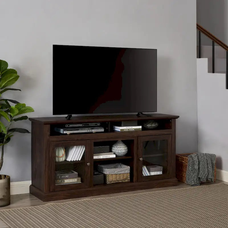 Mueble de TV Moderno Negro + Nogal Oscuro/Marrón con Puertas de Vidrio, Almacenamiento Abierto y Cerrado, para TVs de hasta 65"