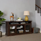 Mueble de TV Moderno Negro + Nogal Oscuro/Marrón con Puertas de Vidrio, Almacenamiento Abierto y Cerrado, para TVs de hasta 65"