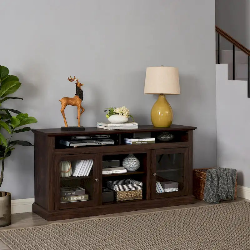 Mueble de TV Moderno Negro + Nogal Oscuro/Marrón con Puertas de Vidrio, Almacenamiento Abierto y Cerrado, para TVs de hasta 65"