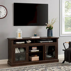 Mueble de TV Moderno Negro + Nogal Oscuro/Marrón con Puertas de Vidrio, Almacenamiento Abierto y Cerrado, para TVs de hasta 65"