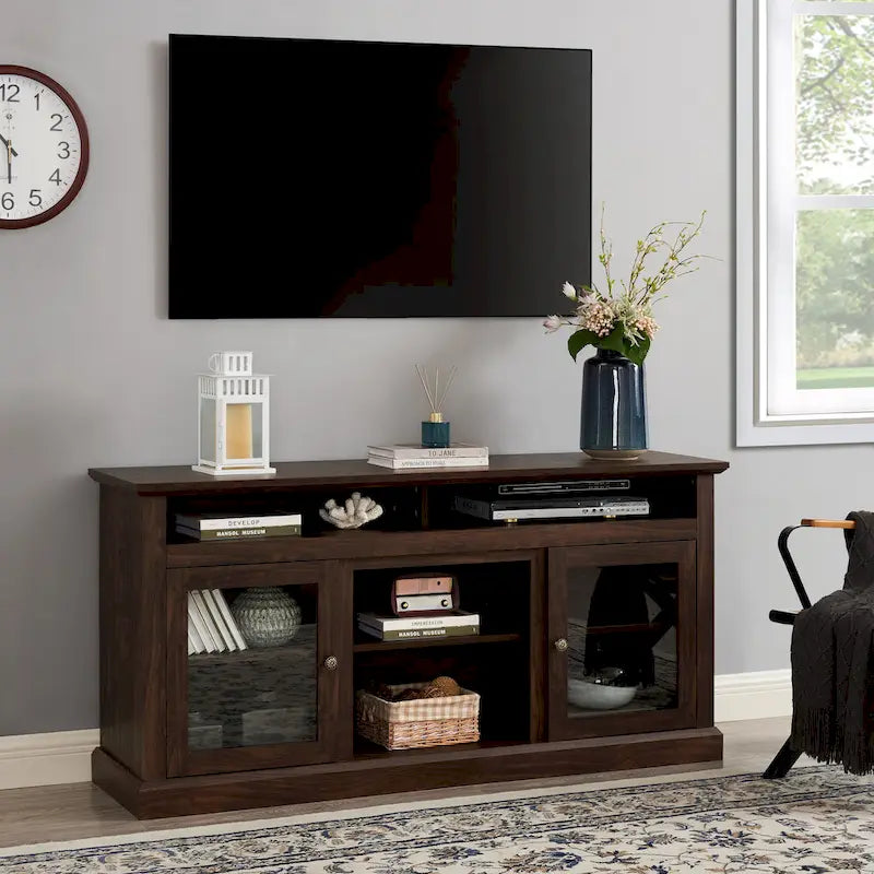 Mueble de TV Moderno Negro + Nogal Oscuro/Marrón con Puertas de Vidrio, Almacenamiento Abierto y Cerrado, para TVs de hasta 65"