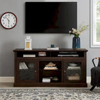 Mueble de TV Moderno Negro + Nogal Oscuro/Marrón con Puertas de Vidrio, Almacenamiento Abierto y Cerrado, para TVs de hasta 65"