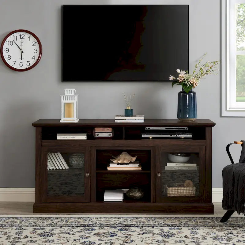 Mueble de TV Moderno Negro + Nogal Oscuro/Marrón con Puertas de Vidrio, Almacenamiento Abierto y Cerrado, para TVs de hasta 65"