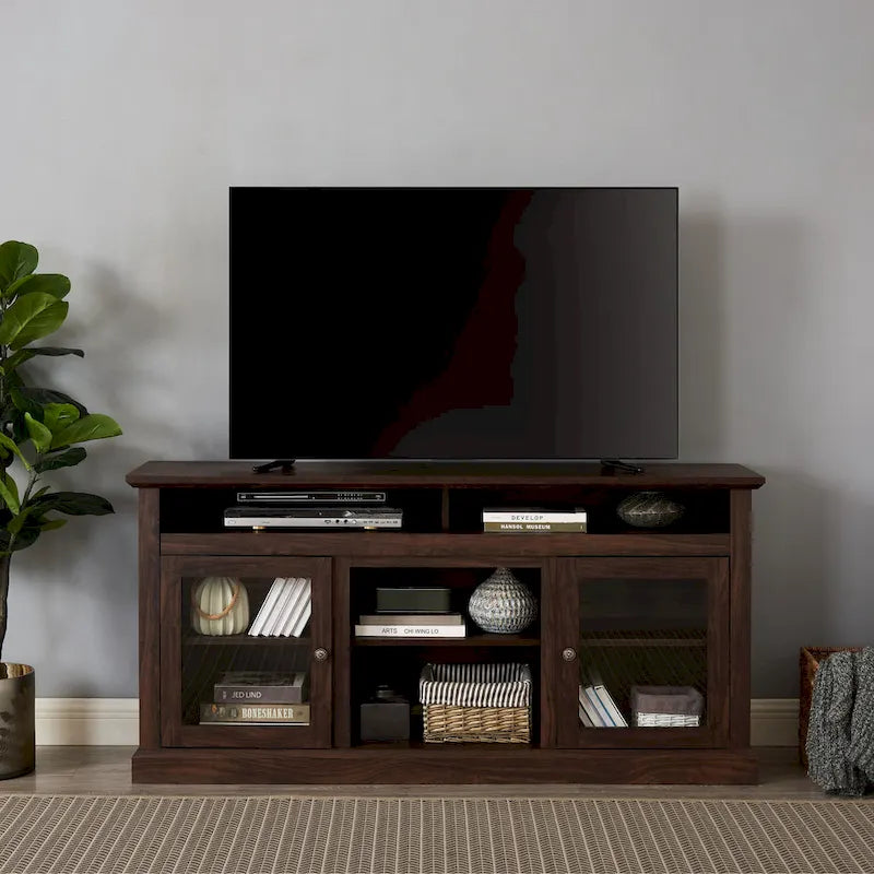 Mueble de TV Moderno Negro + Nogal Oscuro/Marrón con Puertas de Vidrio, Almacenamiento Abierto y Cerrado, para TVs de hasta 65"