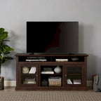 Mueble de TV Moderno Negro + Nogal Oscuro/Marrón con Puertas de Vidrio, Almacenamiento Abierto y Cerrado, para TVs de hasta 65"