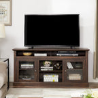 Mueble de TV Moderno Negro + Nogal Oscuro/Marrón con Puertas de Vidrio, Almacenamiento Abierto y Cerrado, para TVs de hasta 65"
