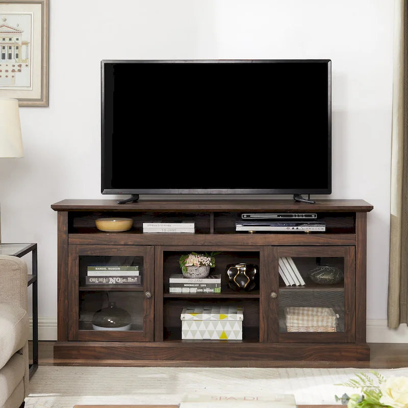 Mueble de TV Moderno Negro + Nogal Oscuro/Marrón con Puertas de Vidrio, Almacenamiento Abierto y Cerrado, para TVs de hasta 65"