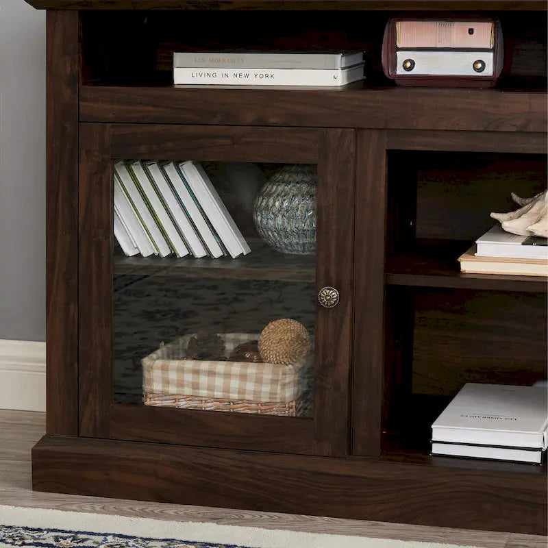 Mueble de TV Moderno Negro + Nogal Oscuro/Marrón con Puertas de Vidrio, Almacenamiento Abierto y Cerrado, para TVs de hasta 65"