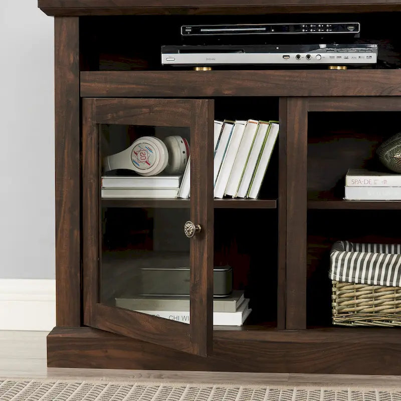 Mueble de TV Moderno Negro + Nogal Oscuro/Marrón con Puertas de Vidrio, Almacenamiento Abierto y Cerrado, para TVs de hasta 65"