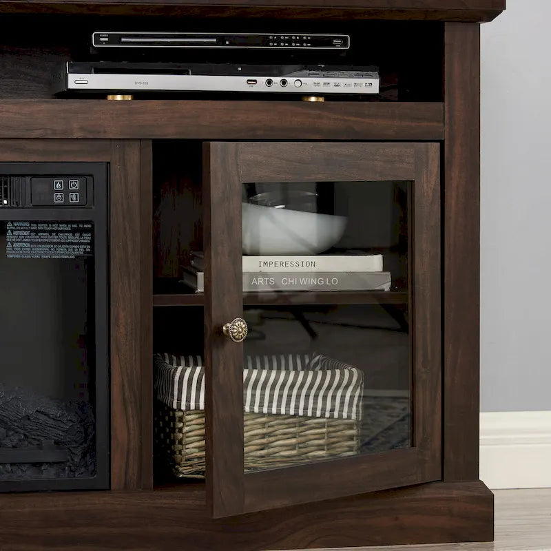 Mueble de TV Moderno Negro + Nogal Oscuro/Marrón con Puertas de Vidrio, Almacenamiento Abierto y Cerrado, para TVs de hasta 65"