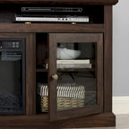 Mueble de TV Moderno Negro + Nogal Oscuro/Marrón con Puertas de Vidrio, Almacenamiento Abierto y Cerrado, para TVs de hasta 65"
