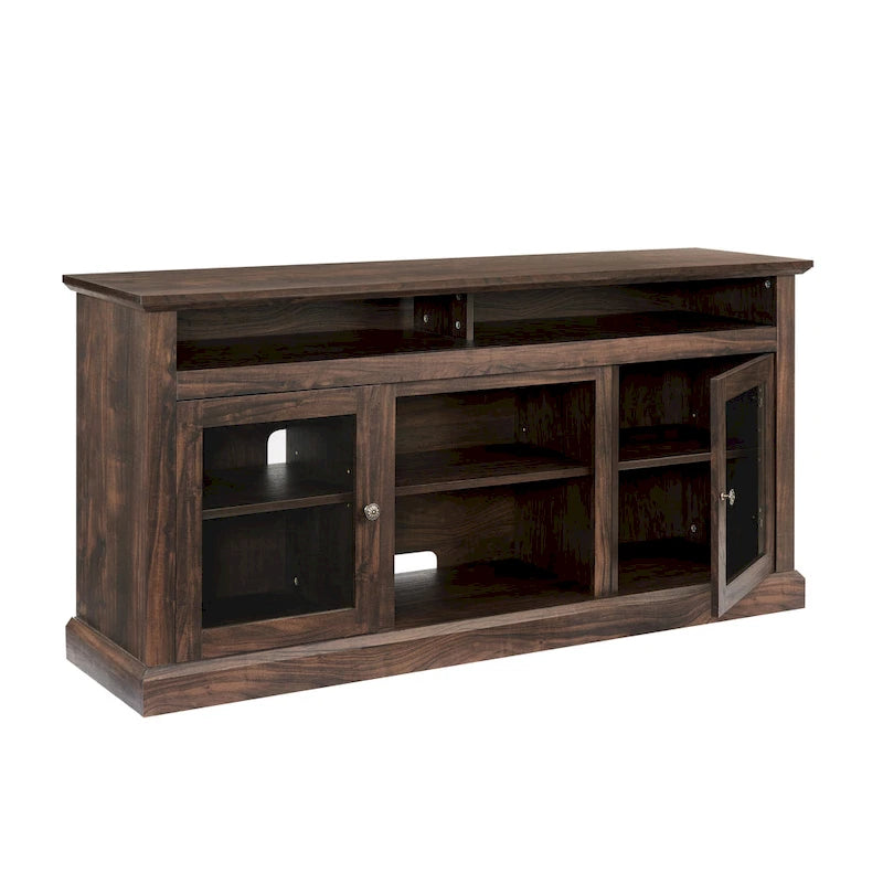 Mueble de TV Moderno Negro + Nogal Oscuro/Marrón con Puertas de Vidrio, Almacenamiento Abierto y Cerrado, para TVs de hasta 65"