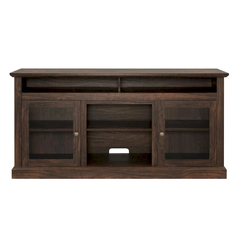 Mueble de TV Moderno Negro + Nogal Oscuro/Marrón con Puertas de Vidrio, Almacenamiento Abierto y Cerrado, para TVs de hasta 65"