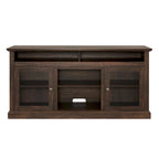 Mueble de TV Moderno Negro + Nogal Oscuro/Marrón con Puertas de Vidrio, Almacenamiento Abierto y Cerrado, para TVs de hasta 65"