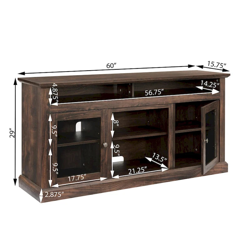 Mueble de TV Moderno Negro + Nogal Oscuro/Marrón con Puertas de Vidrio, Almacenamiento Abierto y Cerrado, para TVs de hasta 65"