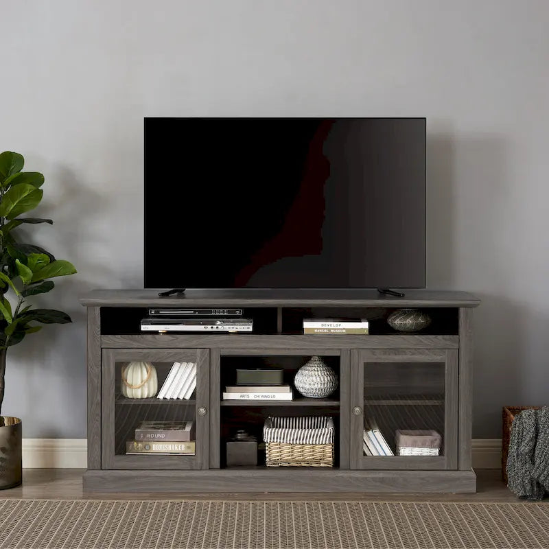 Mueble de TV Moderno Negro + Nogal Oscuro/Marrón con Puertas de Vidrio, Almacenamiento Abierto y Cerrado, para TVs de hasta 65"