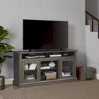 Mueble de TV Moderno Negro + Nogal Oscuro/Marrón con Puertas de Vidrio, Almacenamiento Abierto y Cerrado, para TVs de hasta 65"