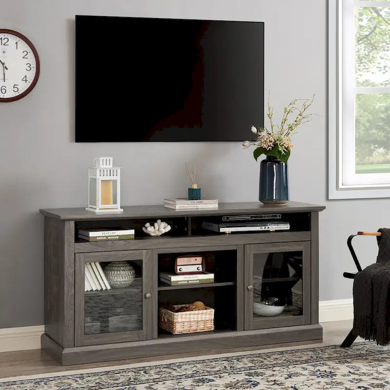 Mueble de TV Moderno Negro + Nogal Oscuro/Marrón con Puertas de Vidrio, Almacenamiento Abierto y Cerrado, para TVs de hasta 65"