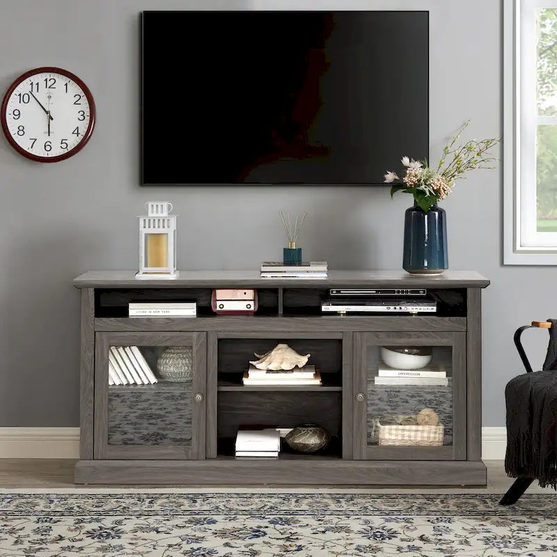 Mueble de TV Moderno Negro + Nogal Oscuro/Marrón con Puertas de Vidrio, Almacenamiento Abierto y Cerrado, para TVs de hasta 65"