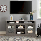 Mueble de TV Moderno Negro + Nogal Oscuro/Marrón con Puertas de Vidrio, Almacenamiento Abierto y Cerrado, para TVs de hasta 65"