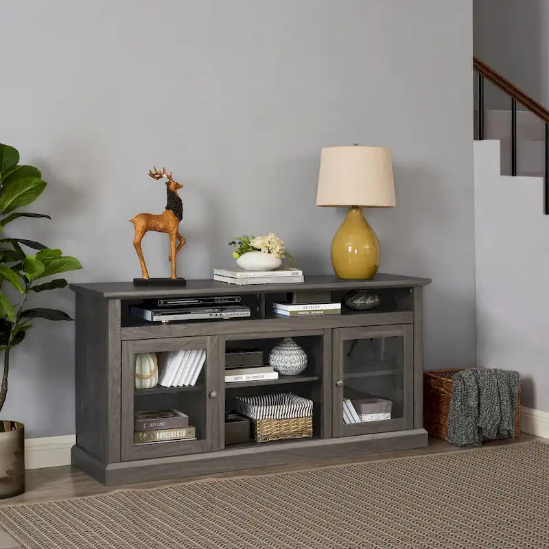 Mueble de TV Moderno Negro + Nogal Oscuro/Marrón con Puertas de Vidrio, Almacenamiento Abierto y Cerrado, para TVs de hasta 65"