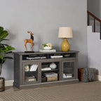 Mueble de TV Moderno Negro + Nogal Oscuro/Marrón con Puertas de Vidrio, Almacenamiento Abierto y Cerrado, para TVs de hasta 65"