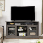 Mueble de TV Moderno Negro + Nogal Oscuro/Marrón con Puertas de Vidrio, Almacenamiento Abierto y Cerrado, para TVs de hasta 65"