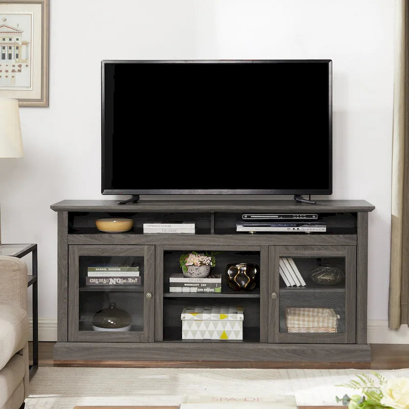 Mueble de TV Moderno Negro + Nogal Oscuro/Marrón con Puertas de Vidrio, Almacenamiento Abierto y Cerrado, para TVs de hasta 65"