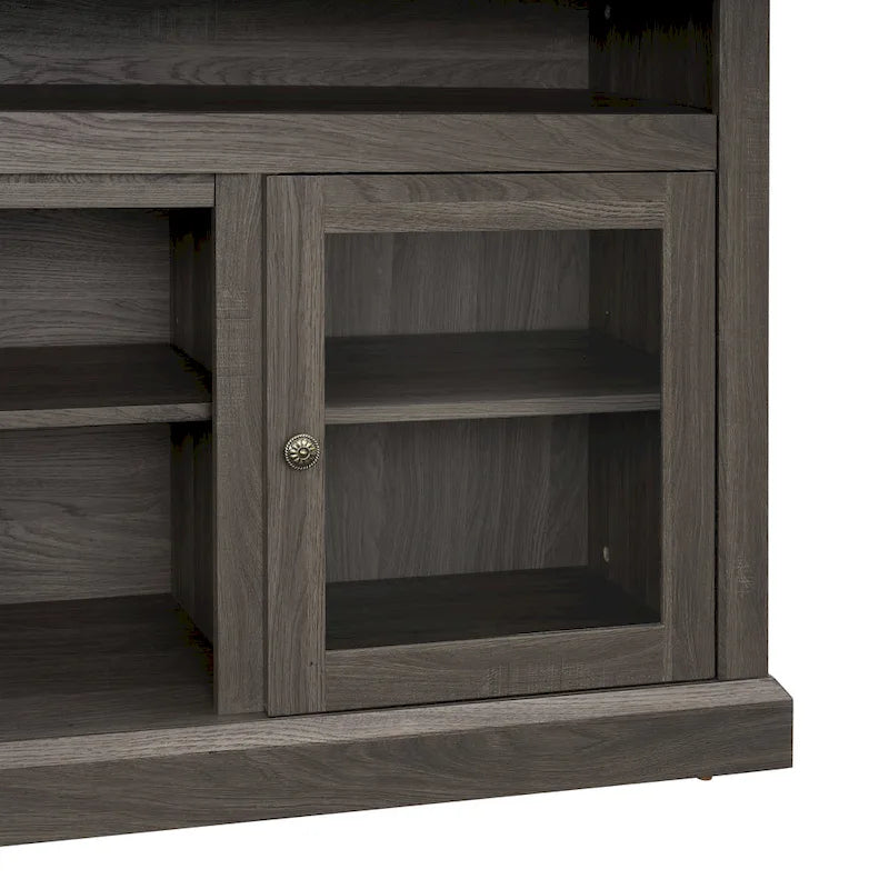 Mueble de TV Moderno Negro + Nogal Oscuro/Marrón con Puertas de Vidrio, Almacenamiento Abierto y Cerrado, para TVs de hasta 65"