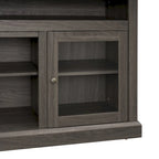 Mueble de TV Moderno Negro + Nogal Oscuro/Marrón con Puertas de Vidrio, Almacenamiento Abierto y Cerrado, para TVs de hasta 65"