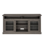 Mueble de TV Moderno Negro + Nogal Oscuro/Marrón con Puertas de Vidrio, Almacenamiento Abierto y Cerrado, para TVs de hasta 65"