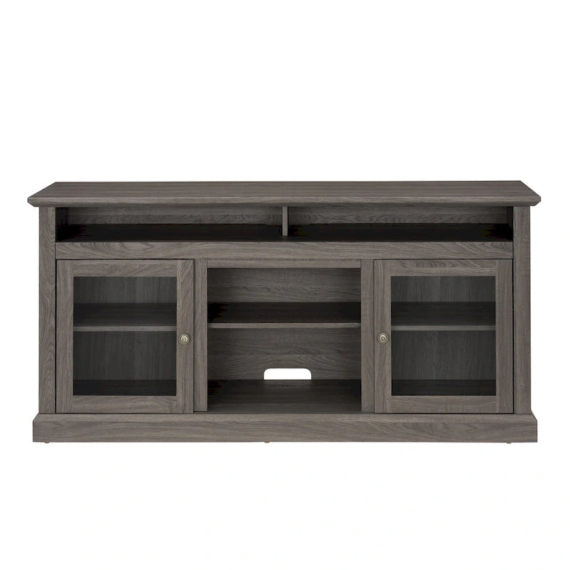 Mueble de TV Moderno Negro + Nogal Oscuro/Marrón con Puertas de Vidrio, Almacenamiento Abierto y Cerrado, para TVs de hasta 65"