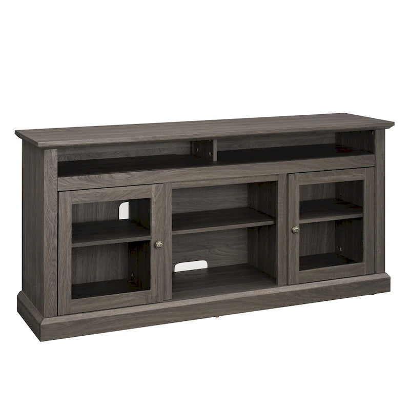 Mueble de TV Moderno Negro + Nogal Oscuro/Marrón con Puertas de Vidrio, Almacenamiento Abierto y Cerrado, para TVs de hasta 65"