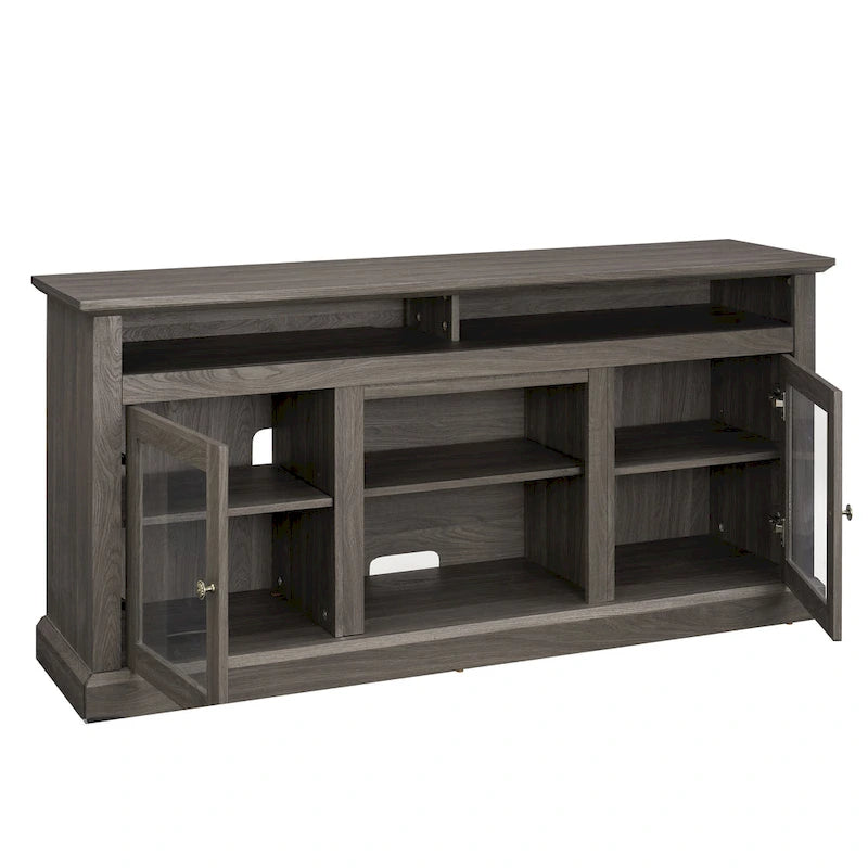 Mueble de TV Moderno Negro + Nogal Oscuro/Marrón con Puertas de Vidrio, Almacenamiento Abierto y Cerrado, para TVs de hasta 65"