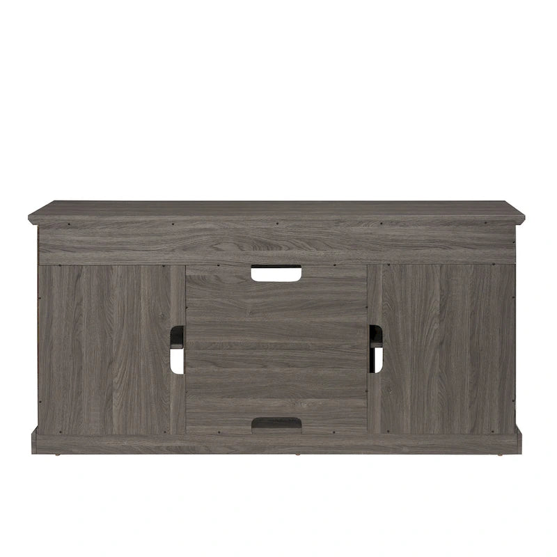 Mueble de TV Moderno Negro + Nogal Oscuro/Marrón con Puertas de Vidrio, Almacenamiento Abierto y Cerrado, para TVs de hasta 65"