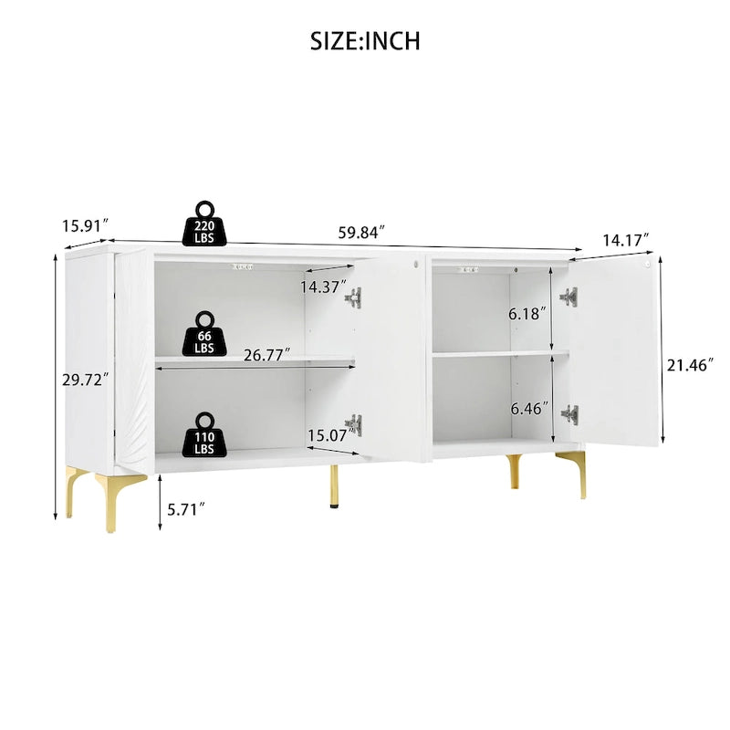 Creative carved 4-door Sideboard Handleless Press-to-Open Design Buffet Cabinet for Dining Room,Living Room, Bedroom, Hallway
