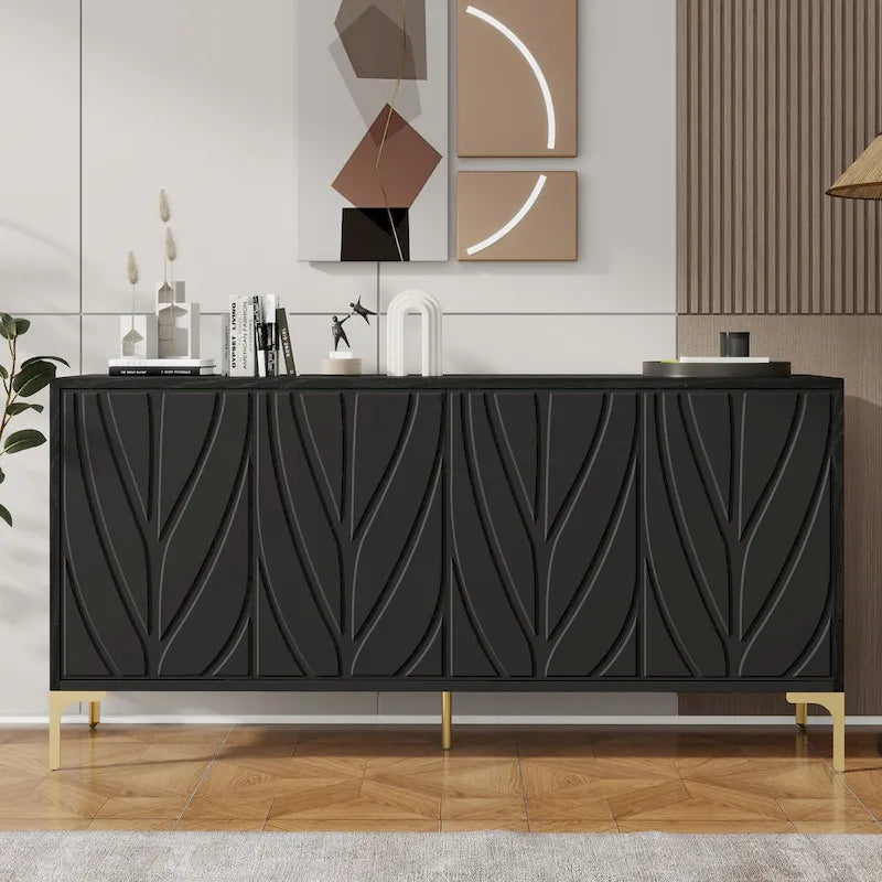 Aparador de 4 puertas en blanco/negro, sin tiradores, con apertura por presión, MDF + madera maciza