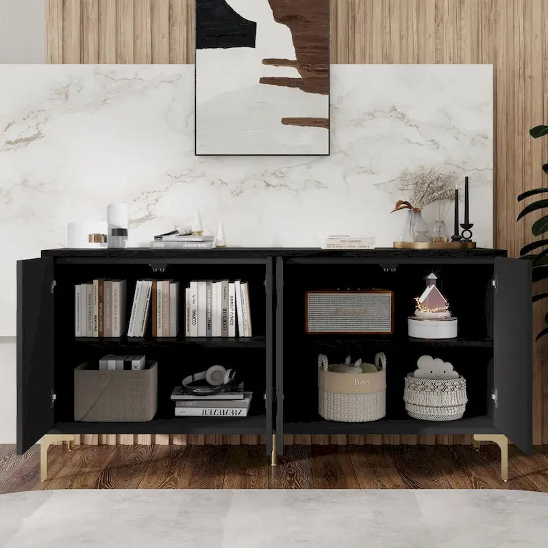 Aparador de 4 puertas en blanco/negro, sin tiradores, con apertura por presión, MDF + madera maciza