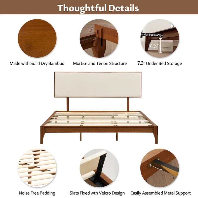 Elegante cama con plataforma de madera maciza de bambú con cabecero ajustable tapizado