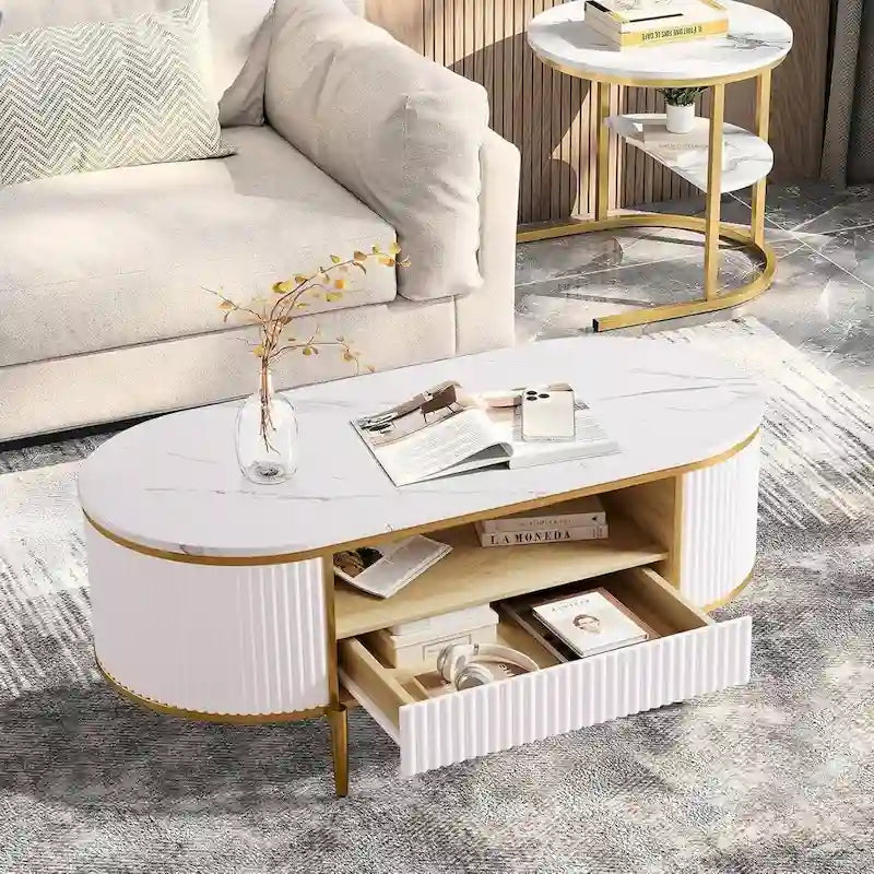 Mesa de centro ovalada blanca con cajones — 1 asiento, tapa de mármol sintético
