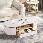 Mesa de centro ovalada blanca con cajones — 1 asiento, tapa de mármol sintético