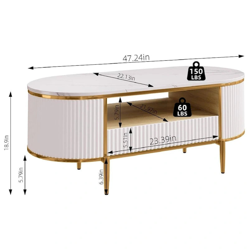 Mesa de centro ovalada blanca con cajones — 1 asiento, tapa de mármol sintético