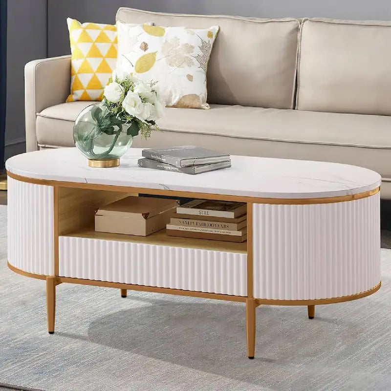 Mesa de centro ovalada blanca con cajones — 1 asiento, tapa de mármol sintético