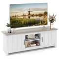 Mueble de TV estilo rústico en blanco y marrón grisáceo con gabinetes para televisores de hasta 65"
