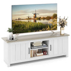 Mueble de TV estilo rústico en blanco y marrón grisáceo con gabinetes para televisores de hasta 65"