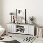 Mueble de TV estilo rústico en blanco y marrón grisáceo con gabinetes para televisores de hasta 65"