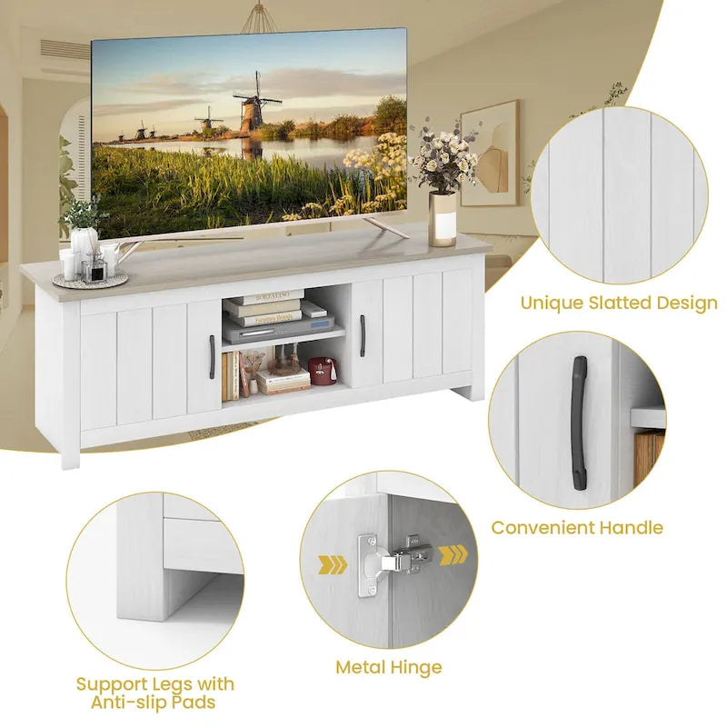 Mueble de TV estilo rústico en blanco y marrón grisáceo con gabinetes para televisores de hasta 65"